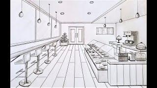 How to draw a coffee shop in one point perspective fast