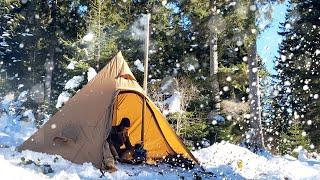 Warm Tent Winter Camping in Strong Wind in Snowy High Mountains