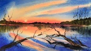 Watercolor Soft Sunset Lake Reflection Demonstration