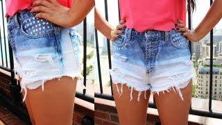 DIY Under $10   Ombre Gradient Blue Shorts w Stars Rivets From Old Jeans