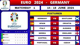 EURO FIXTURES TODAY  MATCHDAY 1  EURO TABLE STANDING  EURO 2024 GERMANY