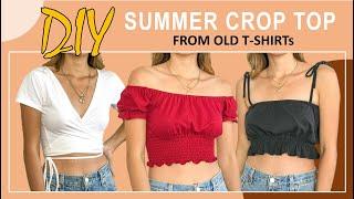 DIY SUMMER CROP TOP from old T shirt - Wrap top - Off the shoulder top - Ruffle hem top