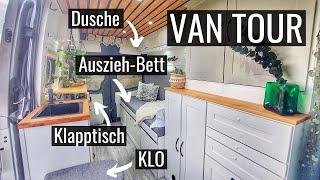 VAN TOUR  Sprinter Camper Ausbau mit Ausziehbett Außendusche und mega Küche  Roomtour deutsch