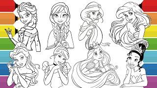 Disney Princess Coloring Pages  Ariel Jasmine Rapunzel Cinderella Belle Tiana Elsa & Anna