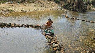 catch fish Fish trap making skills The little boy blocked the stream to make a trap to catch fish