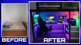 DIY LOFT BED  W GAMING AREA Small Room Makeover Ultimate Gaming Room Setup w LED expert Lighting