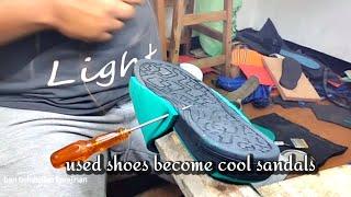 Using old shoe soles to make sandals