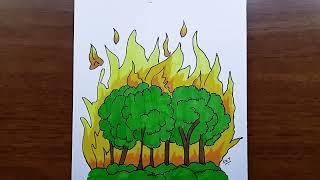 how to draw forest fire - Forest drawing - how to draw fire