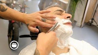 Modern British Barber Hot Shave with Straight Razor and Steamer