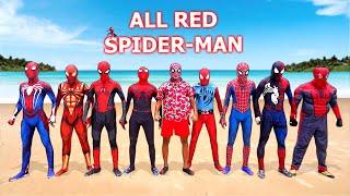 ALL RED SPIDER-MAN Party Battle On The Beach  Funny Live Action 