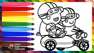 Draw and Color Peppa Pig with Her Grandparents on a Motorcycle With a Sidecar 🪖 Kids Drawings