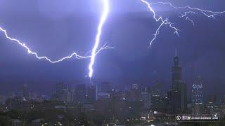 Lightning strikes Chicago skyscrapers during tornado-warned storm