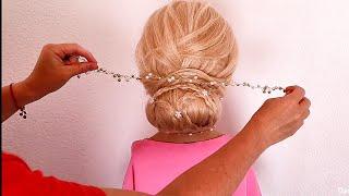 Cute hairstyles for girls for a romantic evening. Beautiful bun with braids. Bridal updo. Tutorial