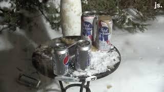 Cans of soda and beer exploding in the cold