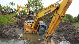 Excavator Stuck Bogged In Mud Heavy Recovery Komatsu  PC200