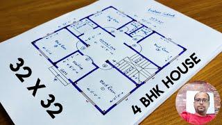 32 x 32 house plan II 4 bhk house plan II 32x32 ghar ka naksha II 32x32 house design
