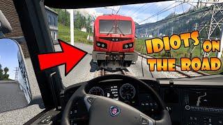 IDIOTS on the road #105  HIT by TRAIN  Funny moments - ETS2 Multiplayer