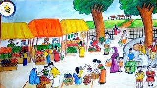 How to draw village market drawing easyvillage market scenery  for beginners market drawing easy