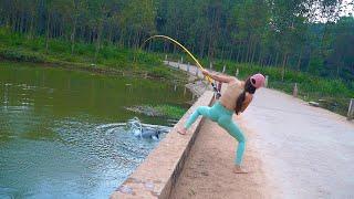 Hook Fishing. Fishing Village Girl Fishing Big Black Carp