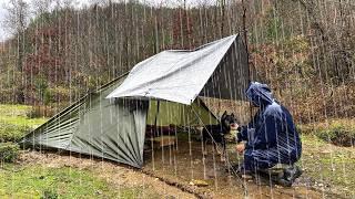 Caught in Heavy Rain and Hail - 5 Days in Forest with Tarp Tent and Stone House Off the Grid