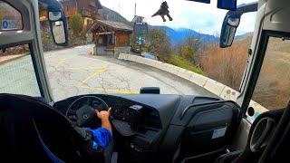 Bus Driving Uphill Alpin Moutains France 4K