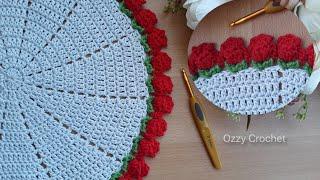 مفرش كروشيه دائري  _  كوستر اكواب _ كوستر اطباق بغرزة زهرة التوليب_crochet 3d flower coaster