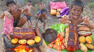 Wilderness cooking - yummy Cook pork on stone In jugle -eating delicious #000166