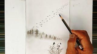 Beautiful evening landscape scenery drawn with pencil.