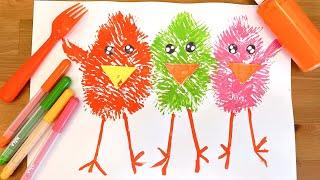 Çatal Baskısı ile Kolay Civciv Çizimi  Easy Painting ideas Drawing Chicks with Fork 