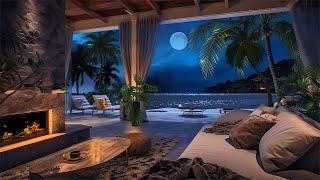 Ocean Front Villa  Night Ambience  Calm Beach Waves & Crackling Fire Sound Crickets Conversation