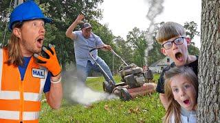 Handyman Hal helps friend with Lawn Care  Mowers and leaf blowers for kids