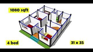 simple 4 bed rooms village house plan II 1080 sqft ghar ka naksha II 31 x 35 home design plan