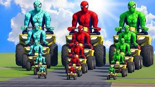 Big & Small Red Spider-man vs Green Spiderman vs Blue Spiderman on a Quad Bike vs Thomas the Train