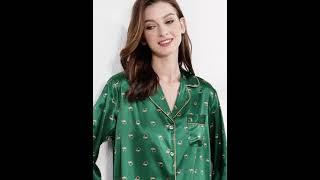 Belle Heure Women’s Silk Satin Classic Long Sleeve Pajamas Button Down Silky Floral Animals Pattern