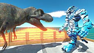 Ice Mutant Tiger vs Carnivore Dinosaurs on Hell Bridge - Animal Revolt Battle Simulator