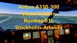 Airbus A330-300 simulator visual pattern at Stockholm-Arlanda ESSA runway 01L - pilots view in 4K