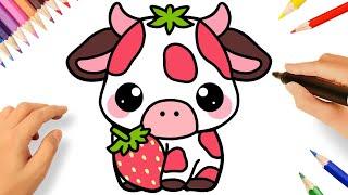 HOW TO DRAW A CUTE STRAWBERRY COW KAWAII EASY 