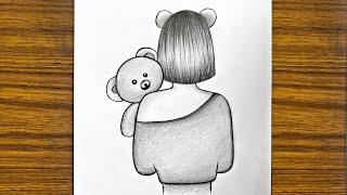 How to draw a girl holding a teddy bear  Girl drawing step by step  Easy drawing for beginners