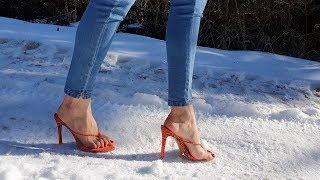 Mules high heels sandals on snow high heels on ice high heels snow walk scene 421