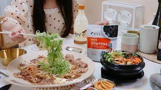 挑戰全韓式料理 Foodvlog ep58。新廚房開箱人蔘雞蔥絲烤豬五花石鍋拌飯安東燉雞韓式小菜韓式辣醬粉紅義大利麵