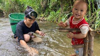 Single mother went to the stream to pick up snails to sell. Make brooms from chit trees.