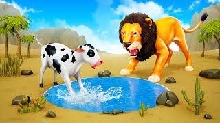 Animal Kingdom Encounter Crazy Cow vs Thirsty Lion Water Fight Animal Food Battles 2024