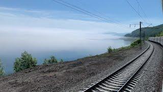 Train ride along the Lake Baikal in the fog from Slyudyanka to Ulan Ude Buryatia