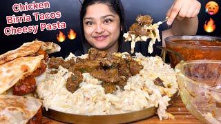 SPICY CHICKEN BIRRIA TACOS WITH SPICY CHICKEN GRAVY AND CREAMY CHEESY WHITE SAUCE PASTA  MUKBANG