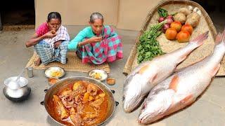 How tribe grand mothers cooking  SEA FISH masala curry for eating with hot ricerural village life