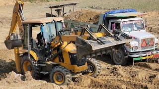 JCB Backhoe Loader Cutting Soil and Loading in Dump Truck and Tractor - JCB Tractor Working Video