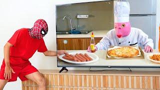 5 SPIDER-MAN Bros vs MAGIC TELEVISION  Take a Food  Trampoline  Dinosaur ...   Comedy Video