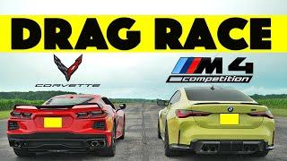BMW M4 Comp G82 vs Chevy Corvette C8 drag and roll race. Shocking Result.