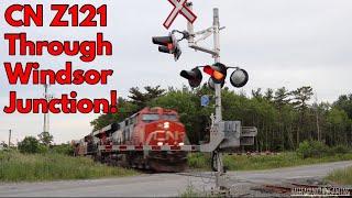 CN Z121 with awful horn through Cobequid Rd Railroad Crossing Windsor Junction NS.