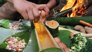 Survival memasak telor & sayur pakis khas Bali menggunakan bambu di Hutan bertahan hidup di Hutan